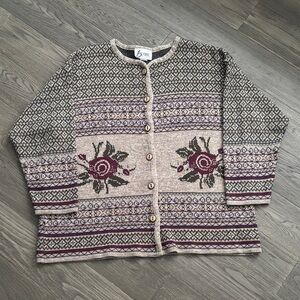 Encore Tricot |Vintage Floral Rose Knit Sweater With Geometrical Design Sz Large